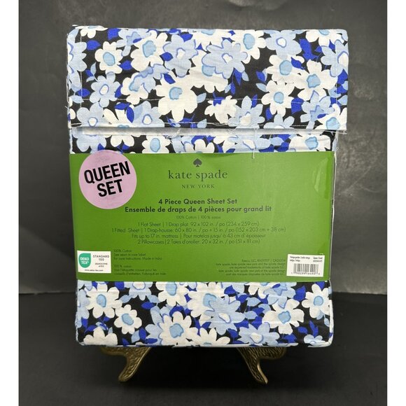 KATE SPADE VINTAGE GARDEN Indigo Blue Floral Print Cotton QUEEN Sheet Set NEW - Picture 2 of 8